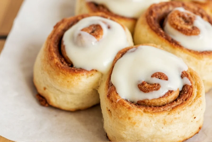 Perfectly baked cinnamon rolls with heavy whipping cream showing golden crust and swirl pattern