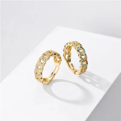 

2021 Newest Fashion Gold Plated Crystal Cuban Chain Rings Micro Pave Zircon CZ Link Chain Finger Rings For Women Men