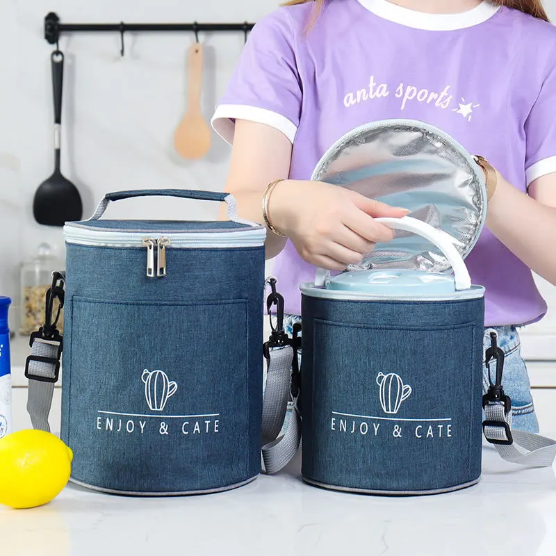 

Waterproof Food Ice Cooler Bag Round Portable Grey Insulated Aluminum Foil Kids Thermal Lunch Bag for School