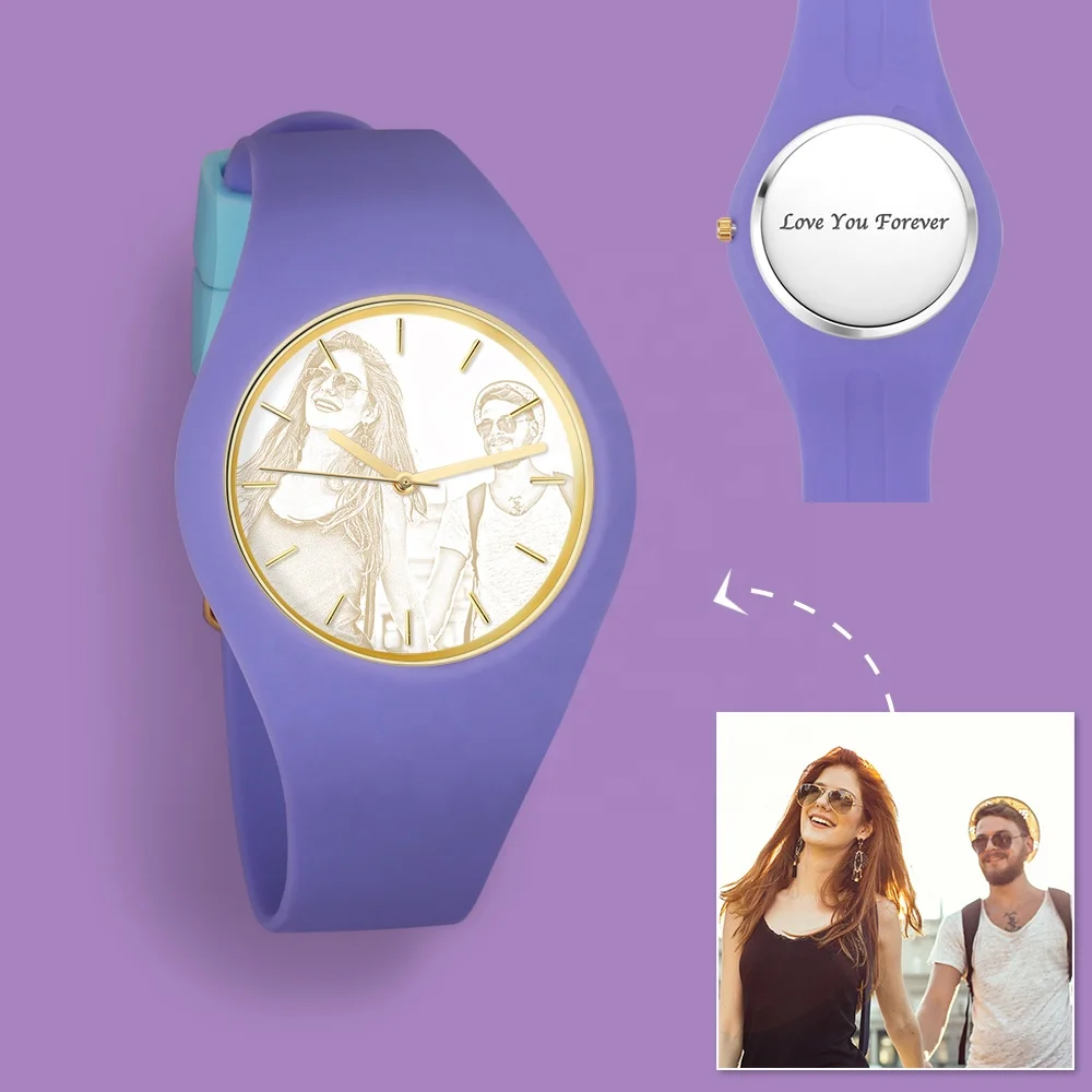 

41mm Custom High Quality Engraved Photo Lady Watches Purple Strap Silicone Watch For Women