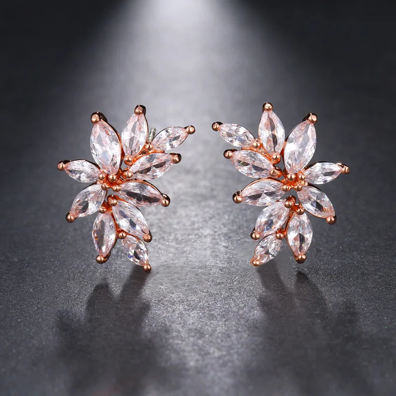 

ROMANTIC Flower Zirconia Crystal Shiny Leaf CZ Stone Bridal Wedding Long Drop Earrings for Women