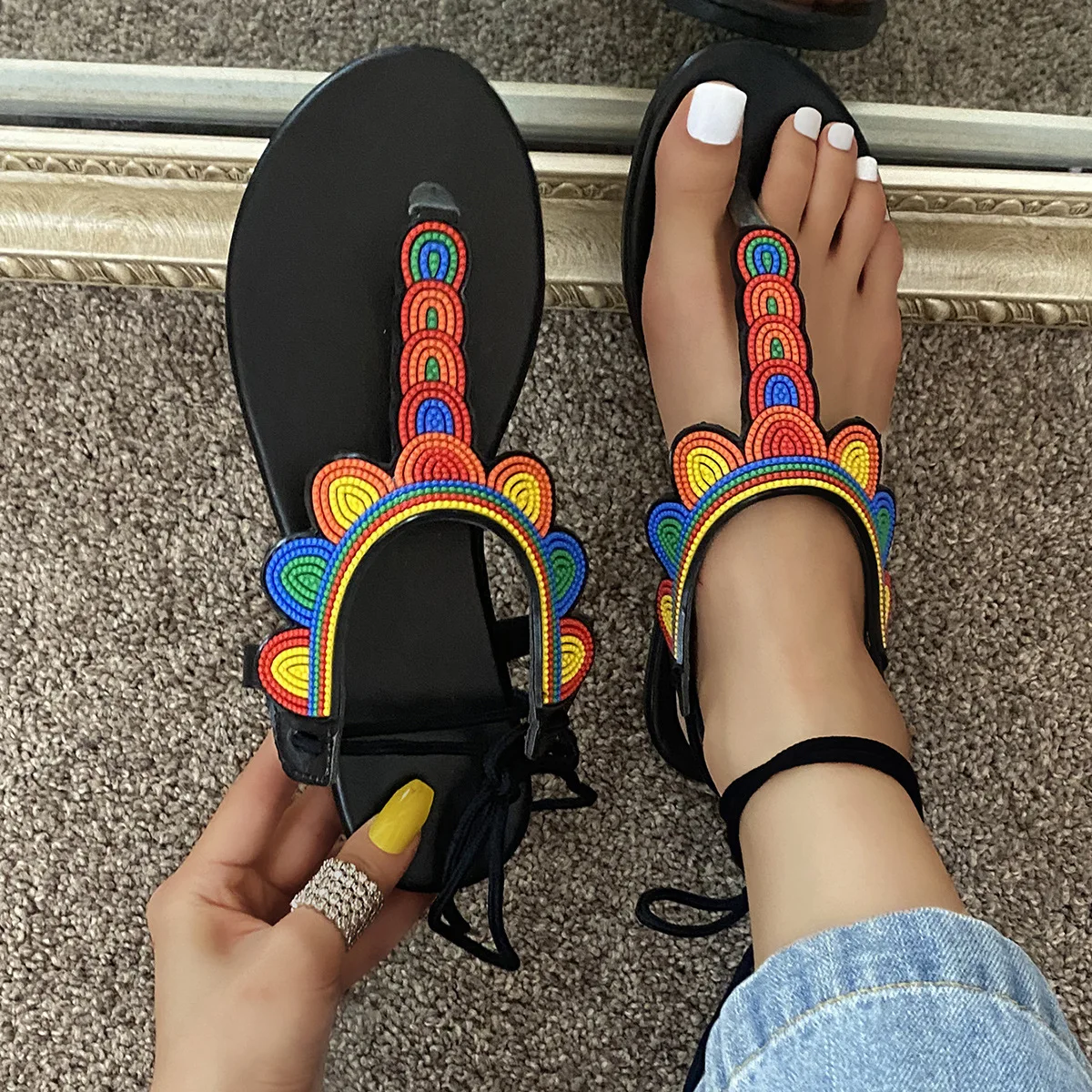 

Square buckle women sandals flat women slippers leopard print soles for women's sandals, Black