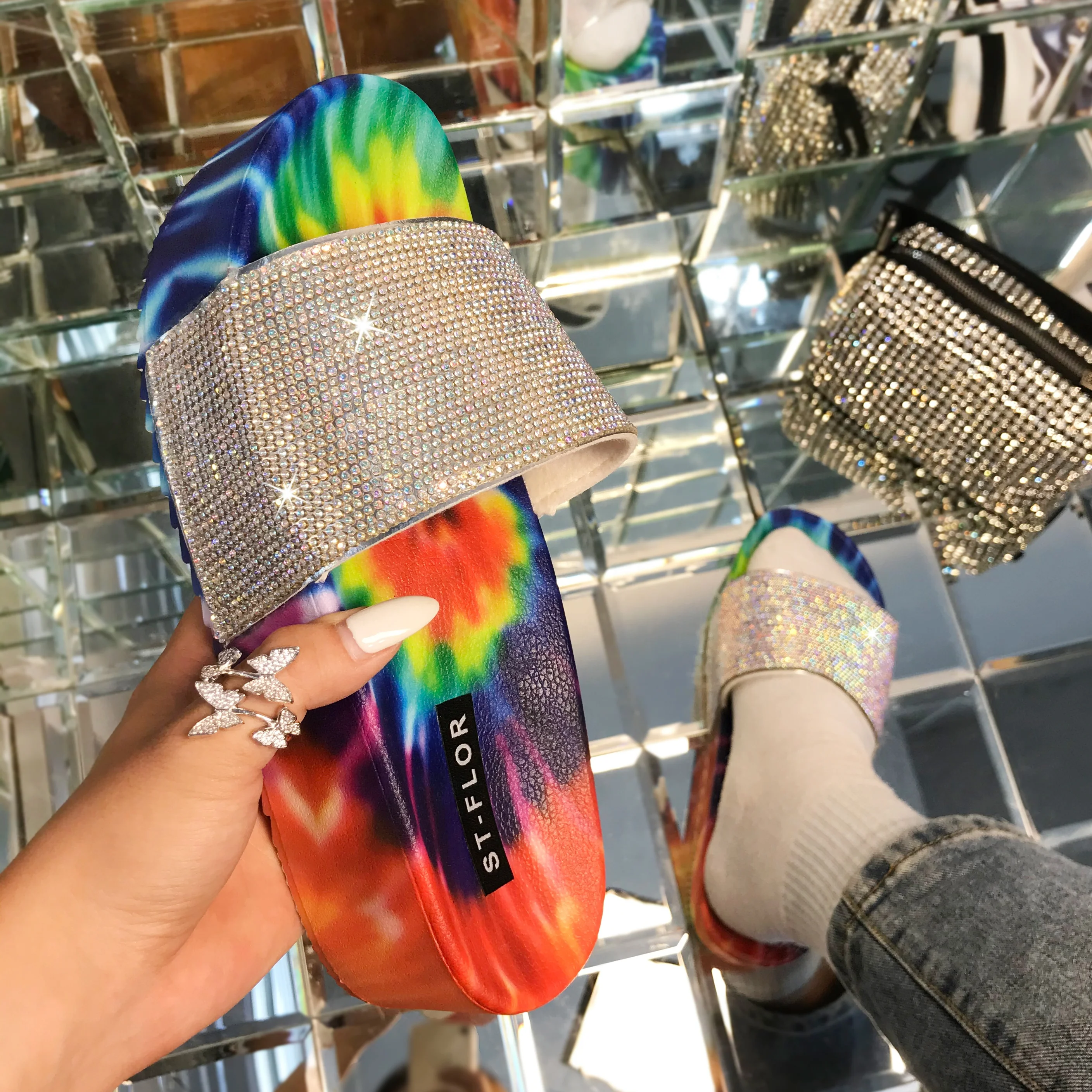 

Women Diamond Sandals Luxury Tie Dye Platform High Heel Sandals Multi Colors Woman's Slides Slippers Shoes, Blue, pink, green;all are tie dye