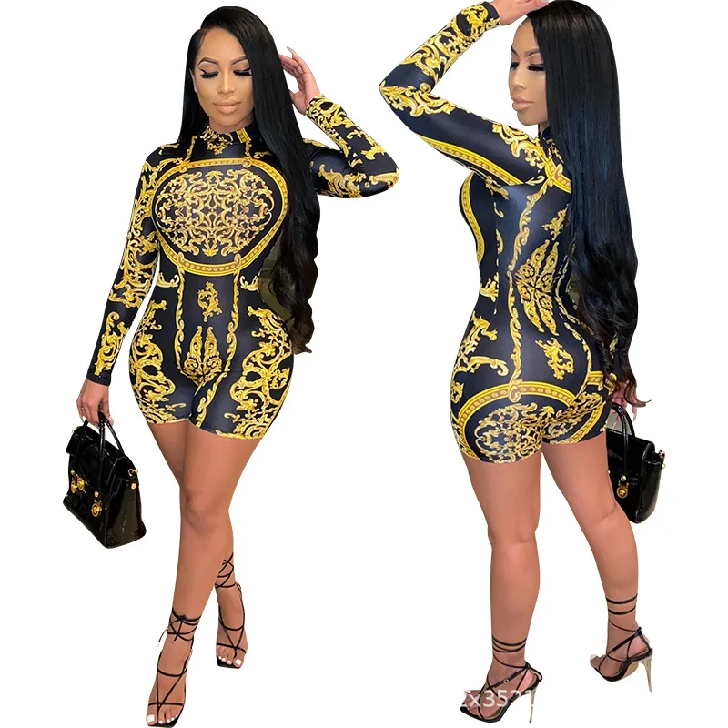 

European and American women's clothing fall winter fashion casual digital printing one-piece shorts
