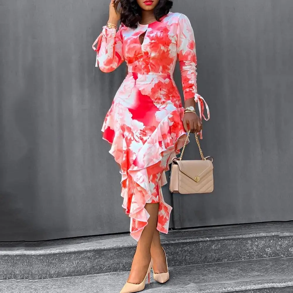 

New summer casual dress asymmetrical printed three quarter sleeve midi dress, Red or customized