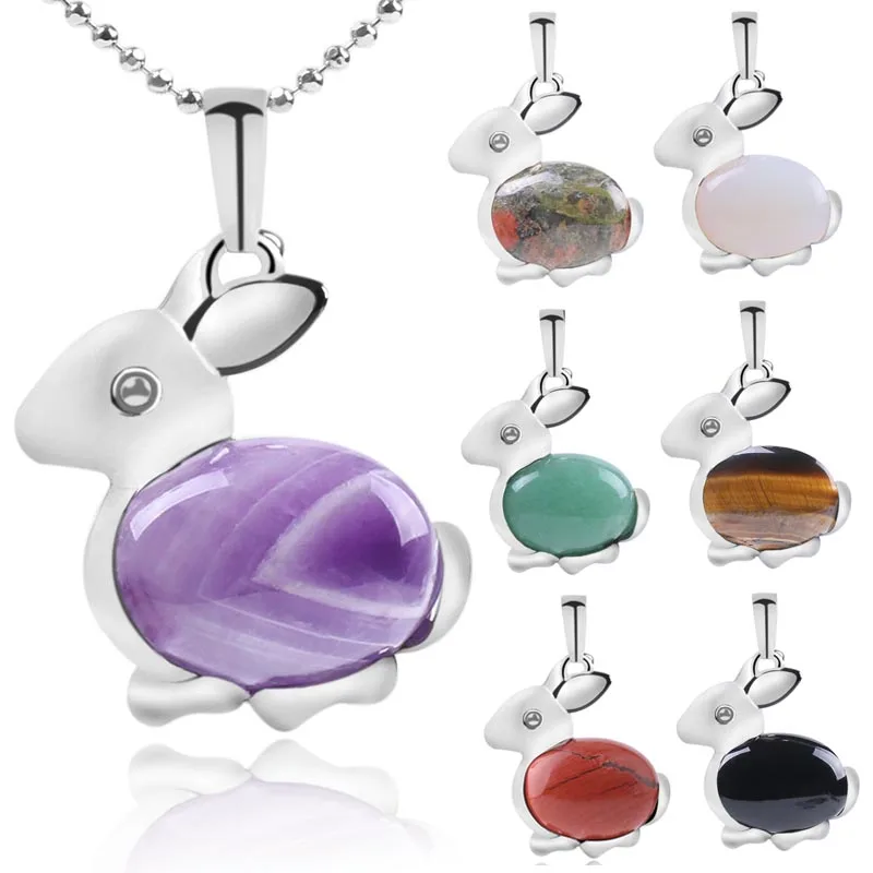 

Wholesale natural crystal stone rabbit pendant necklace amethyst rose quartz animal pendant necklace fashion gemstone jewelry
