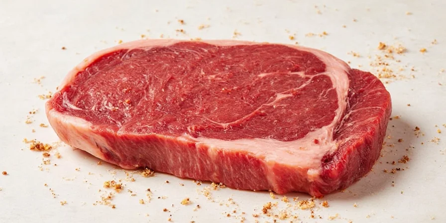 A perfectly seasoned steak sizzling on a hot pan
