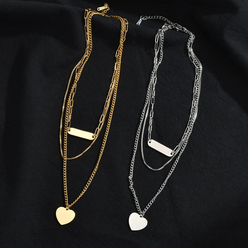 

Newest 3 layer stainless steel necklace with custom laser logo moq only 2pcs, Gold,silver