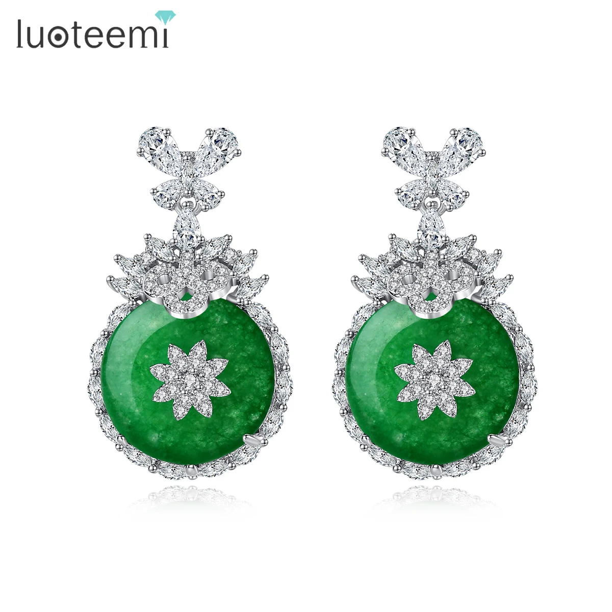 

LUOTEEMI Girls Green Ear Piercing Jewelry Brass Jade Stud Earrings Jade Drop Earring