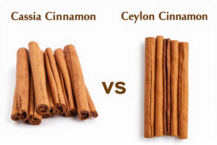 Comparison of Cassia cinnamon sticks versus Ceylon cinnamon quills showing the visual differences between the two varieties