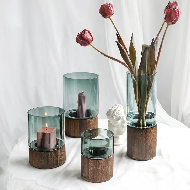 

Nordic Straight Vase Flower Arrangement Hydroponic Vessel With Wooden Holder Pine Green Creative Design Living Room Home Furnish, Clear transparent