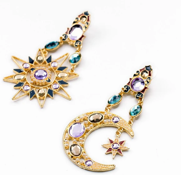 

New fashionable exaggerated diamond inlaid with stars, moon, sun god shape asymmetrical women's earrings in Europe and America