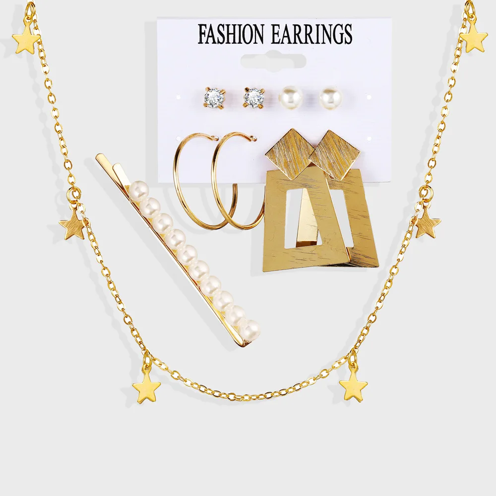 

Fashion Wholesale Gold Plated Star Necklace Geometric Earrings Pearl Clip Jewelry Sets for Women