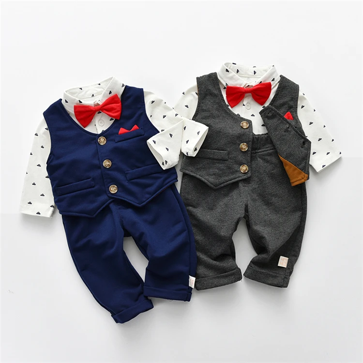 

Hot in Amazon Wholesale Long Sleeve Gentleman Style Baby Boys' clothing set vest Kids Wedding boys Suits, Gray/dark blue