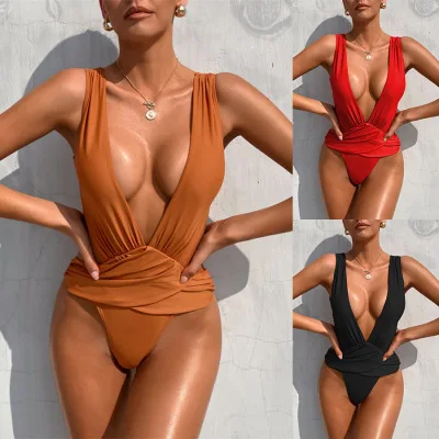 

Sexy Deep V Neck Swimwear Women Summer One Piece Swimsuit Backless Monokini Beach Wear Bathing Suit, As shown in the pic