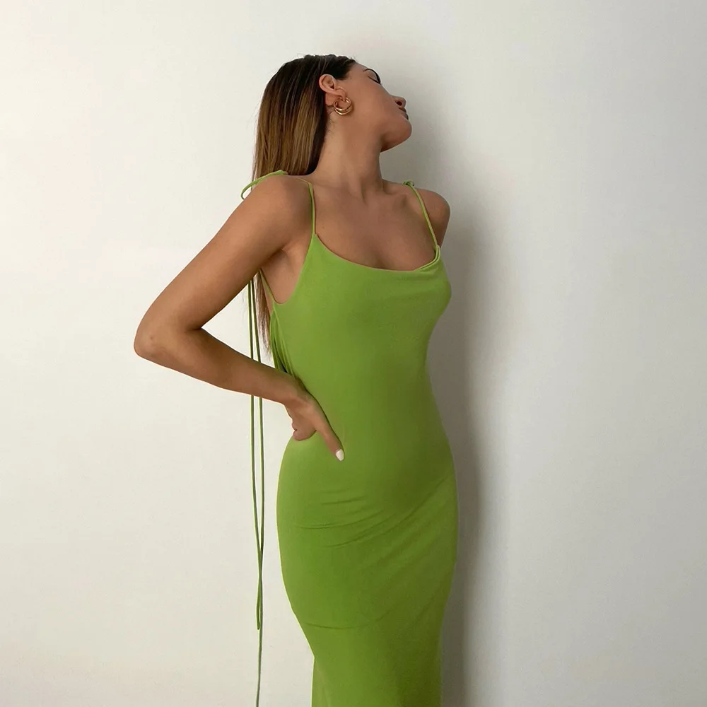 

New product solid color halter lace-up hollow sling slim long dress