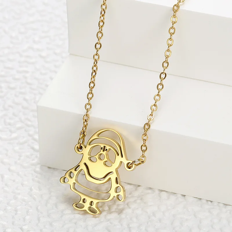 

INS Popular Christmas Jewelry 18K Gold Plated Titanium Steel Santa Claus Necklaces Hollow Stainless Steel Christmas Necklace