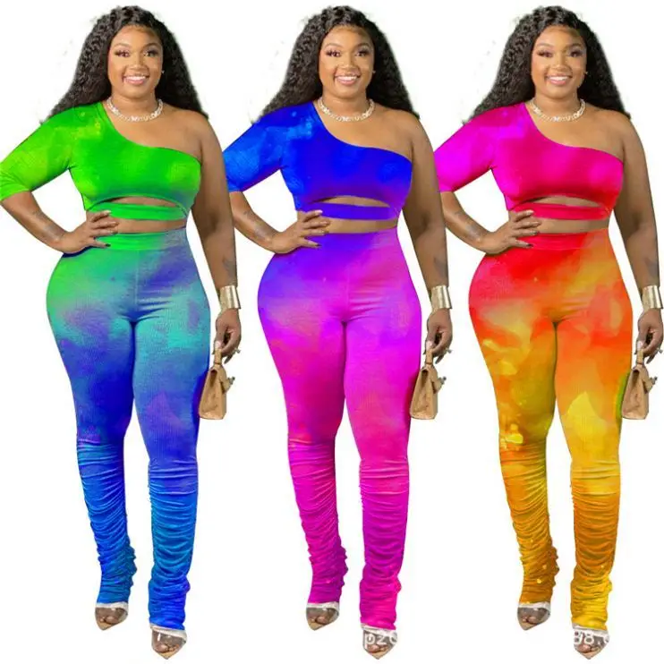 

2020 Fashion Plus Size Fall Tie Dye Stacked Pants Set Women 2 Piece Set Clothing