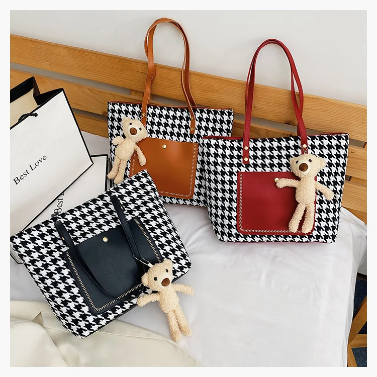

Amazon new product houndstooth shopping bag ladies tote bag large capacity handbag for women