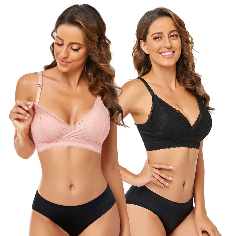 

Factory Wholesale Breathable Lace Cup Wireless Open Buckle Cotton Cross Maternity Nursing Bra, Black,pink