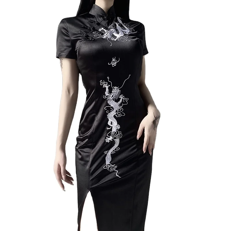 

Lady Plus Size Long Modified Dragon Embroidered Cheongsam Body Dress Woman Qipao Dresses, Black