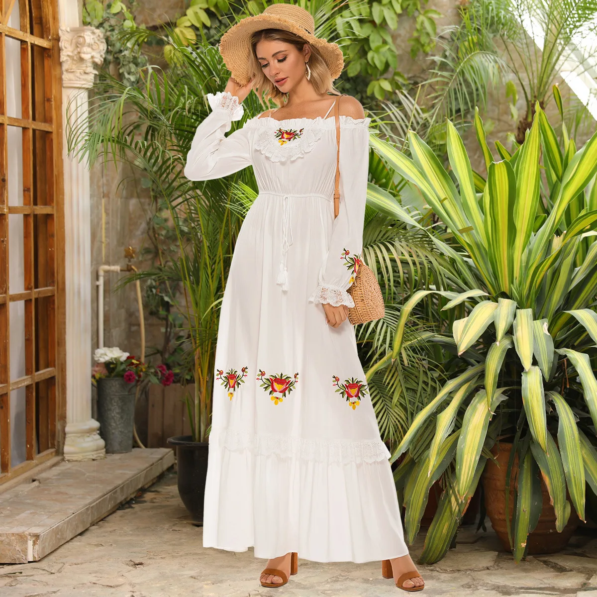 

Sexy Fashion One-shoulder Embroidered Lace Petals Long-sleeved Elastic Waist Folds European and American Long Skirt, As shown