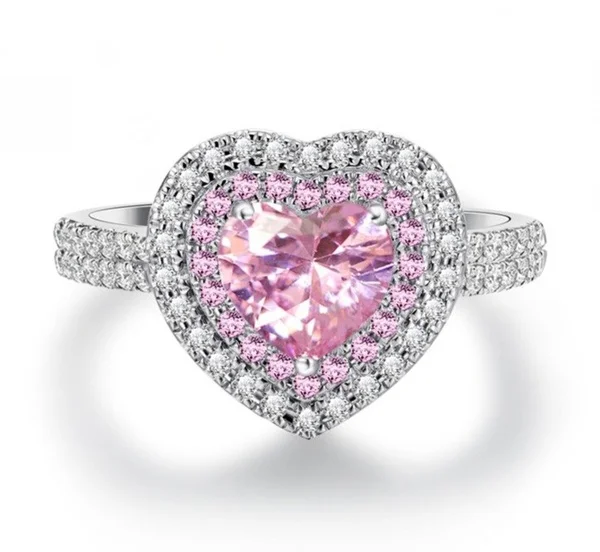 

New Heart Shaped Dainty Pink Zircon Wedding Engagement Ring For Young Women, Platinum plated