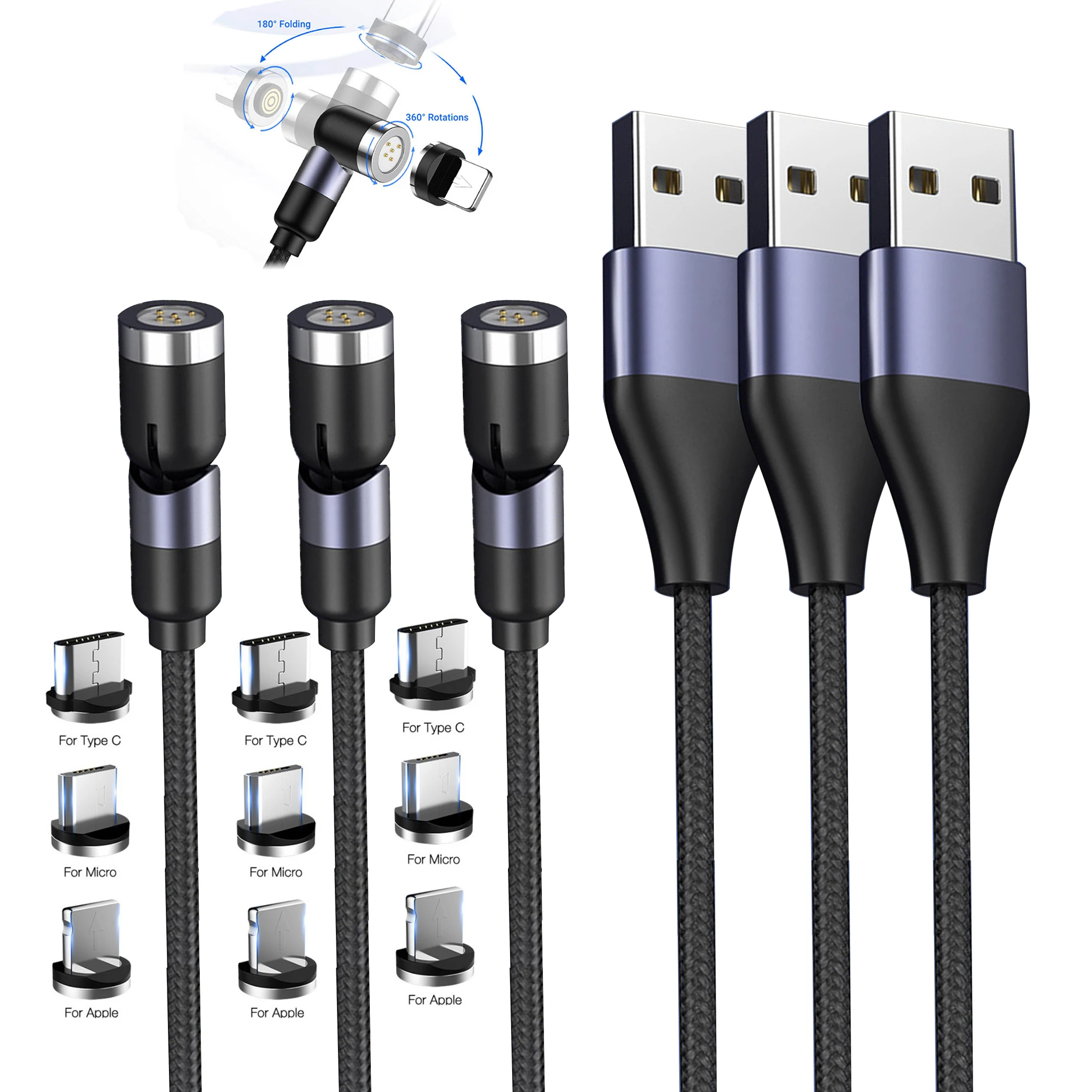 

Product 6PCs gift packaging 5A magnetic usb Cable 3 in 1 540 degree rotation magnetic charging cable type c 0.5 m 1m 2m 3m