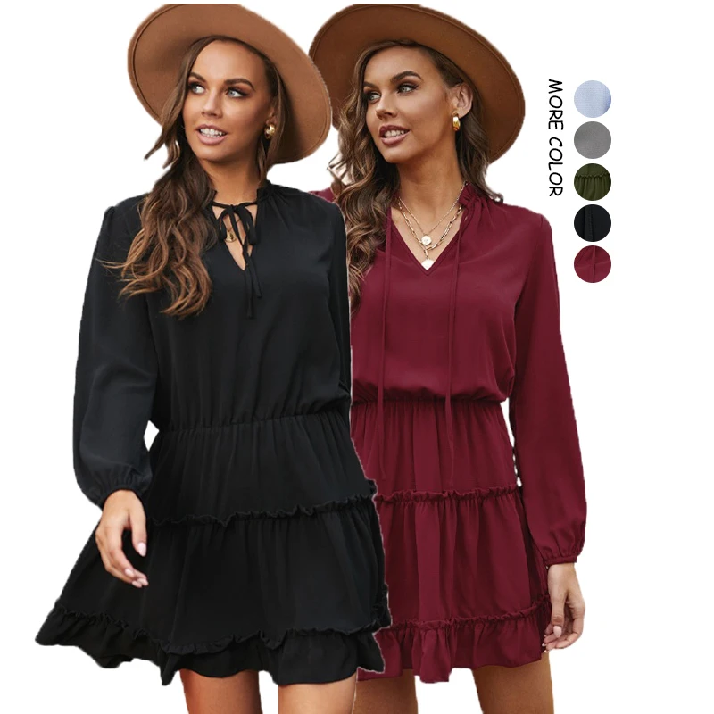 

Mini Dress 2021 Hot Sale Solid Color V Neck Drawstring Flowy Long Sleeve Ruffle Dress