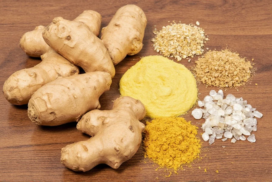 Various forms of ginger including fresh root, dried powder, and crystallized pieces arranged on wooden surface