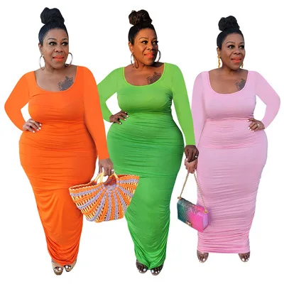 

YD - J21S6077 Best selling casual simple women pleated dresses solid color long sleeve straight maxi dress plus size