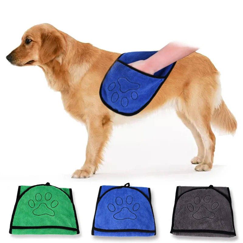 

Quick dry dog cat grooming microfiber pet towel dog bath drying grooming towel with Pocket
