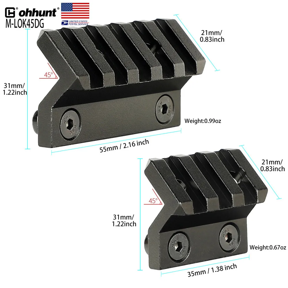 

SHIP FROM USA Ohhunt 3and5 Slots 45 Degrees Picatinny Weaver Angle Offset Adapter Rail Mount Base For M-LOK M-LOK Handguard, Black