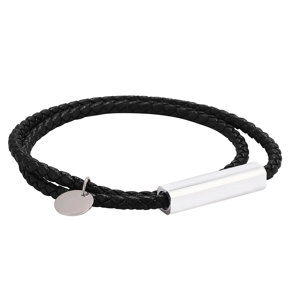 

2020 Double Layers Real Leather Women Men Black Rope Bracelet Stainless Steel Magnetic Buckle Custom Laser LOGO Bracelet Bangle