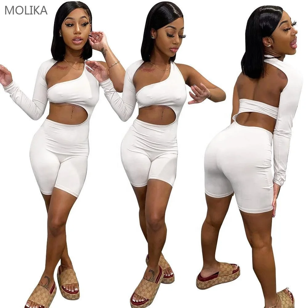 

2021 sexy women clothing solid color hollowed out one piece backless bodysuits rompers white jumpsuit