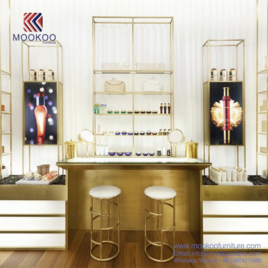 High End Luxury Customized Wooden Skin Care Shop Interior Cabinet Gold