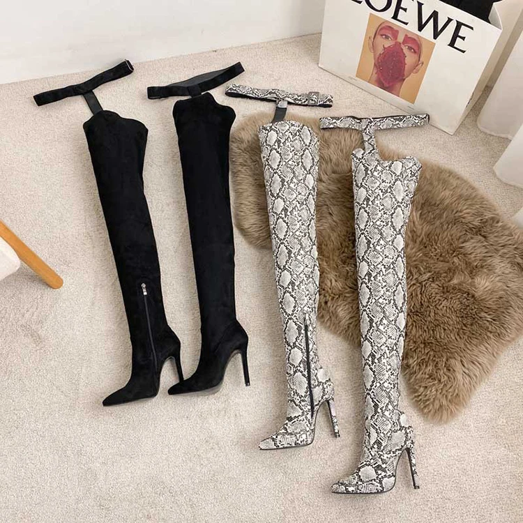 

Strange Women Siamese Black Leather Sexy Pointed Zipper Over The Knee Boots