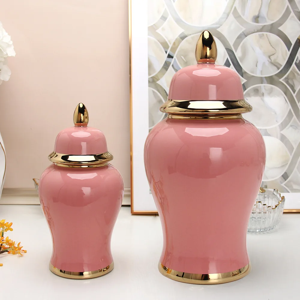 

Wholesale Home Hotel Decorative Big Large Modern Nordic Gold Rim Pink Ceramic Ginger Jar Vase