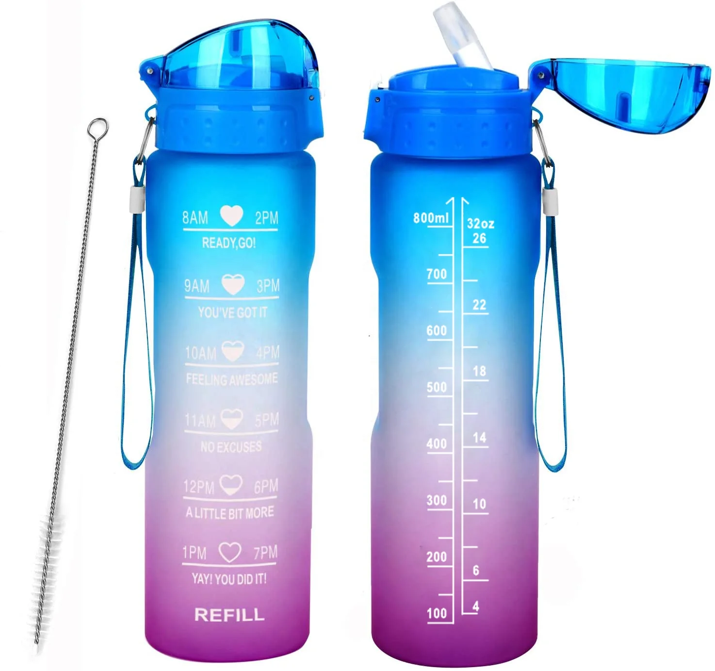 

Outdoor Sports Plastic Water Bottle with Time Marker Straw Tritan BPA Free for Fitness Gym Motivational Water Bottle 32oz 1000ml