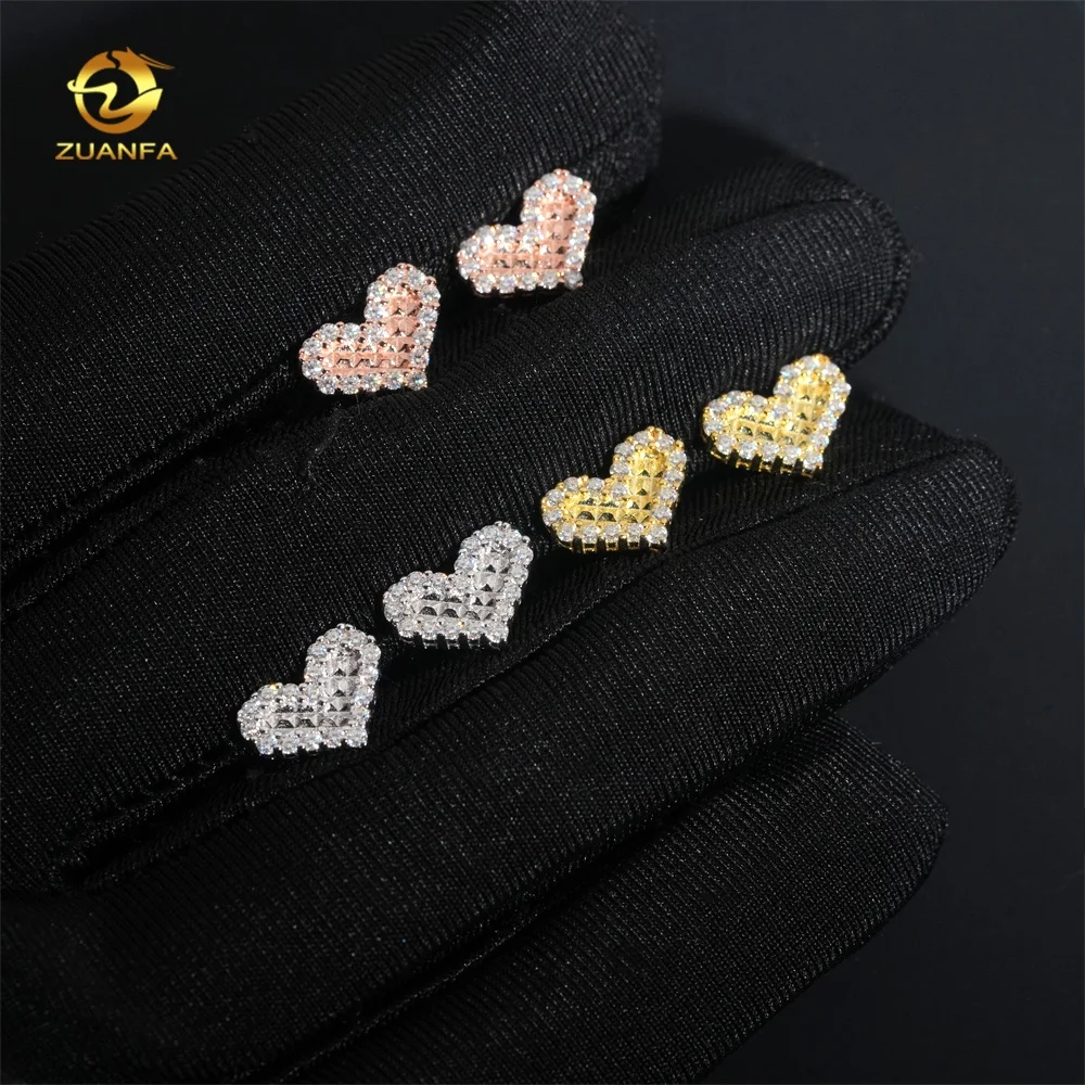 Fashion Jewelry Heart Shape Iced Out Rose Gold Hip Hop 925 Sterling Silver Moissanite Earrings