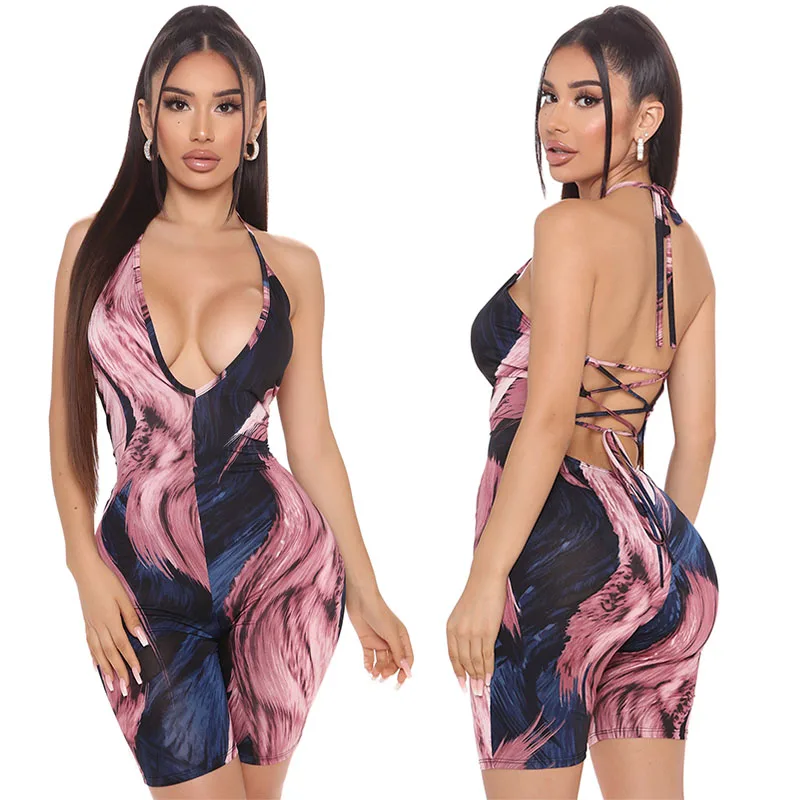 

RaHB853 sexy v neck low-cut backless jumpsuits for women sleeveless print sportswear swimwear, Shown