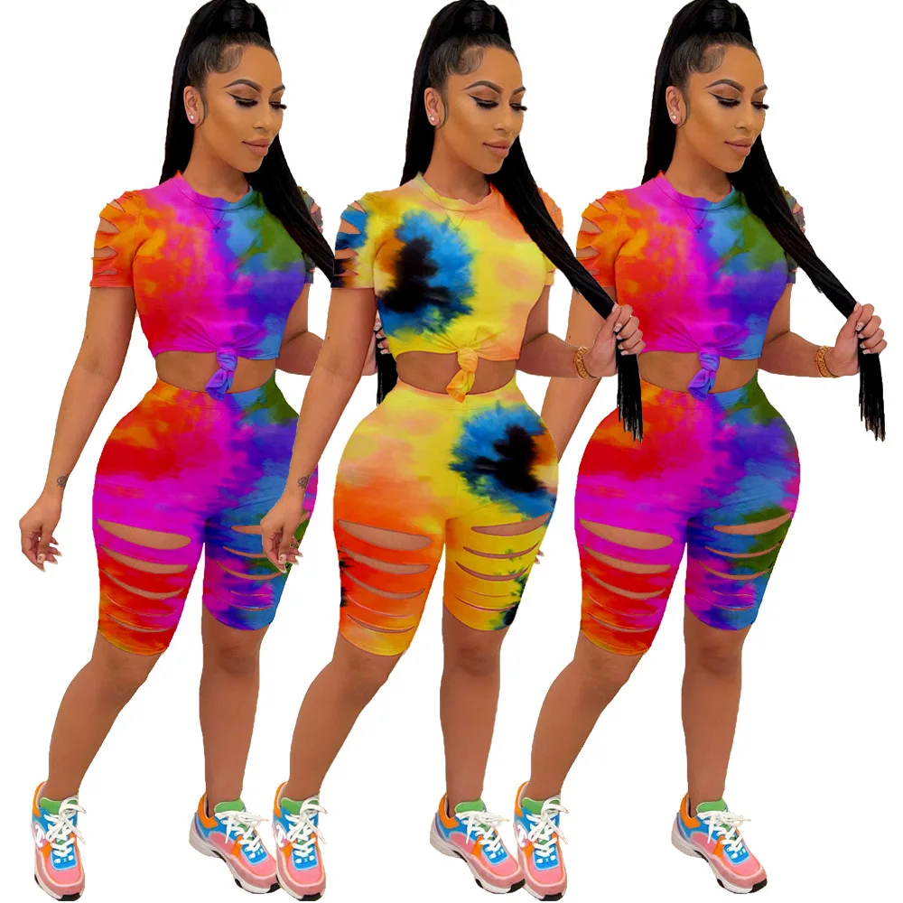 

YSY-7512 Summer New Style Women'S Fashion Tie-Dye Printing Sports Burnt Two-Piece Suit, Picture