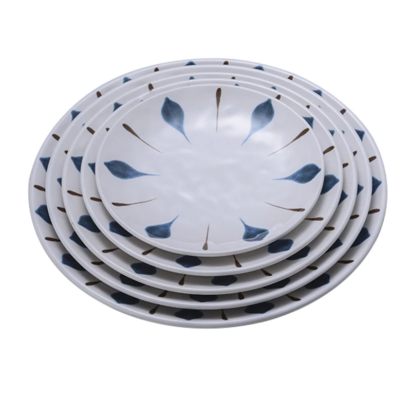 

Wholesale high quality plastic unbreakable  round dinner plate restaurant custom melamine printed plates