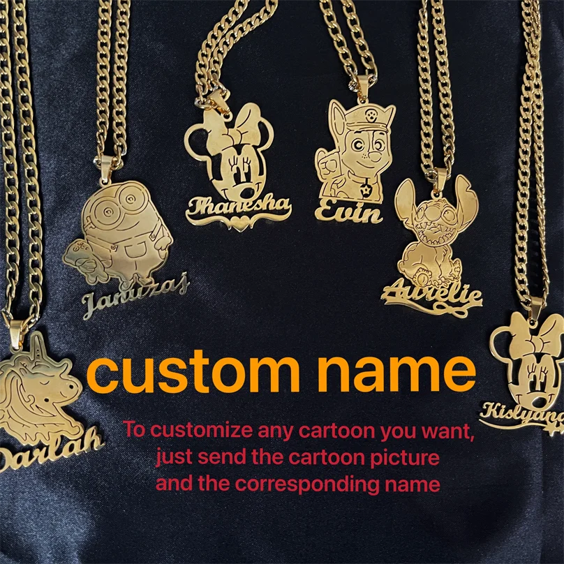 

Kids Nameplate Jewelry Stainless Steel Personalized Any Design Letter Necklace Pendants Custom Name Cartoon Character Necklaces, Gold, silver, rose gold