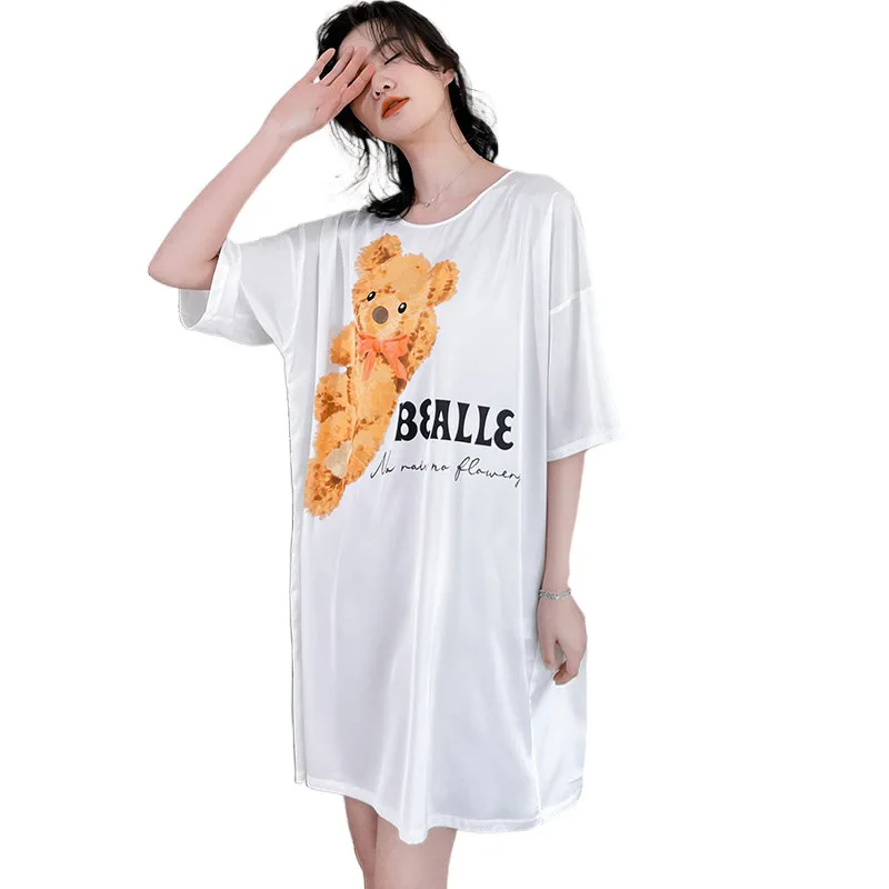 

Fashion round neck half sleeve sleep dress cartoon print white nightgown for girls