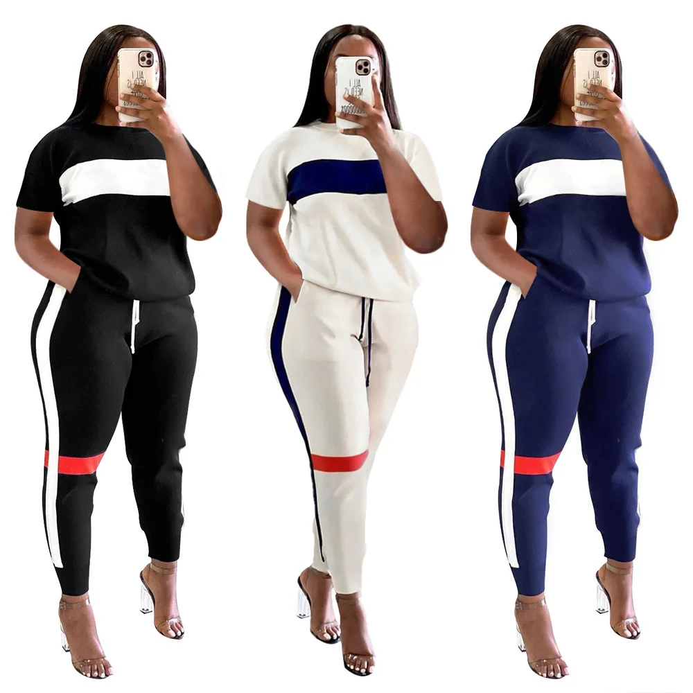 

2022 New Arrivals Fashion Women Casual O-Neck Short Sleeve Sweater Tops Long Pants Front Side Striped 2 Piece Set Tracksuit, Picture show