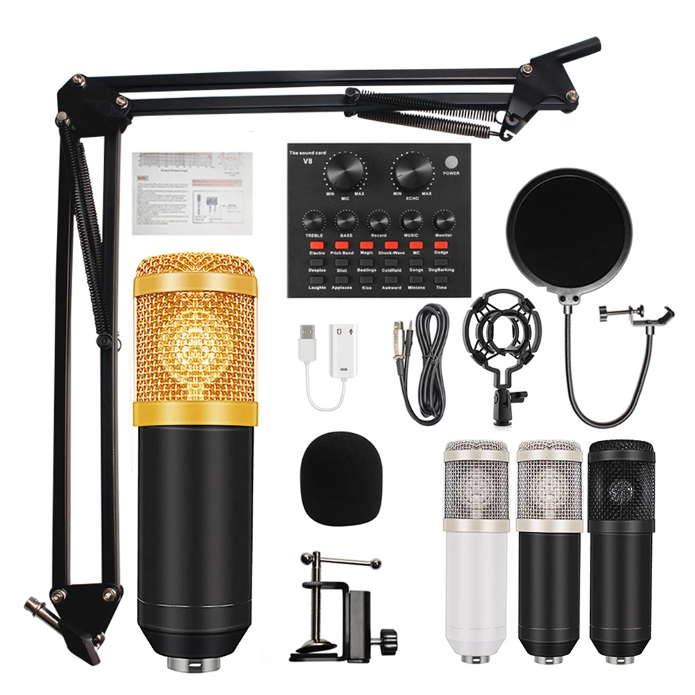

BM 800 Home studio recording equipment set BM800 microphone mic, Scissor Arm Stand ,Shock mount, Filter, and V8 sound card, Black,white,pink
