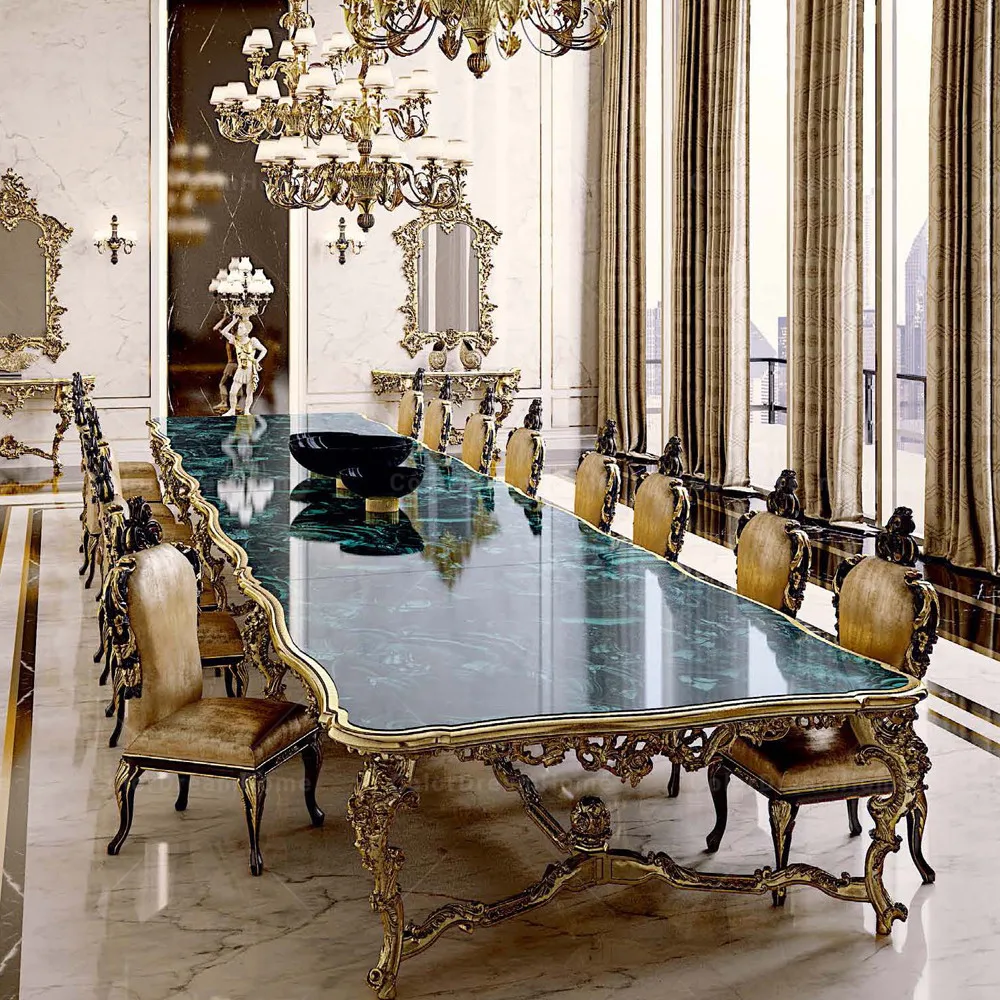 Rococo Luxury Marble Long Dining Table And Chair Set Design 20