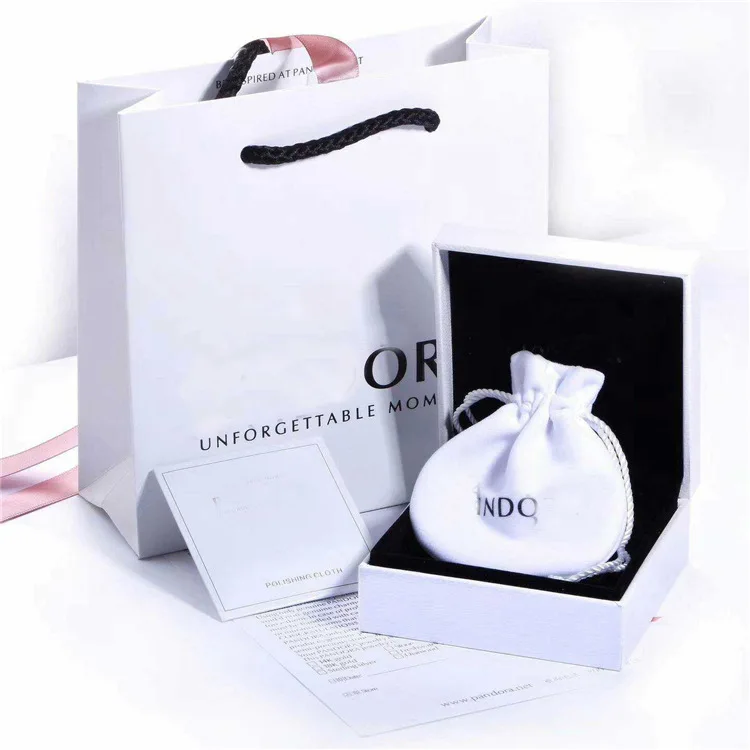 

White packing box five piece suit for pandora jewelry box with hand-held paper bag, velvet cloth bag, silver cloth