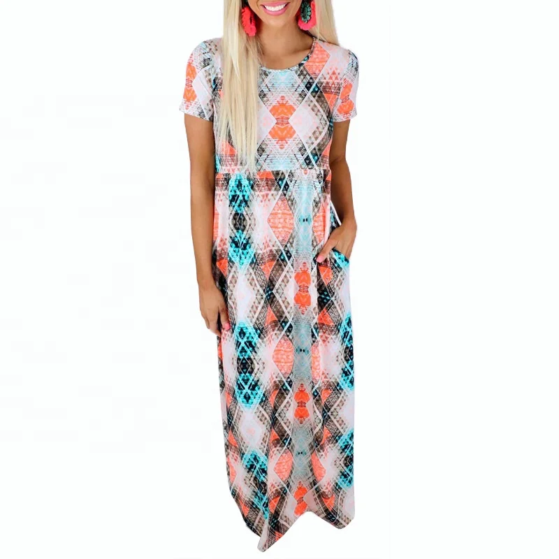 

Free Shipping Women New Fashion Round Neck Short Sleeve Pocket High Waist Printed Maxi Dress